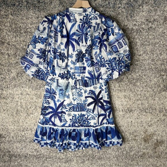 Farm Rio Dress Womens Medium Blue White Puff Sleeve Button Front Ruffle Tropical - Picture 7 of 7